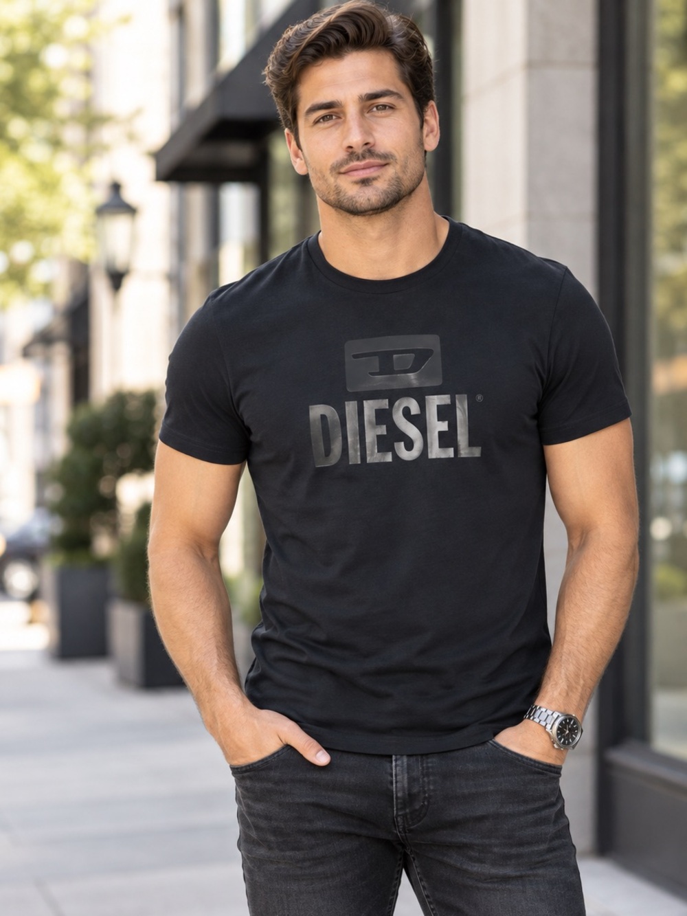 DIESEL T-Diego Tone-on-Tone Black Slim Fit Logo T-Shirt L